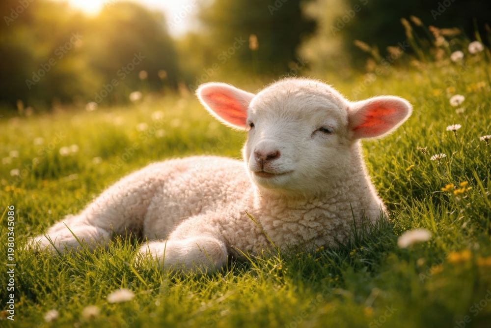 Fototapeta premium Peaceful lamb resting in a sunny green meadow on a summer afternoon