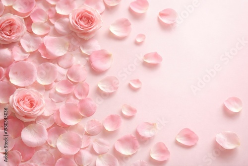 Stunning rose petals scattered on a soft pink backdrop with ample copy space