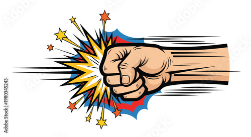 Comic Style Fist Punching Explosion with Stars and Burst
