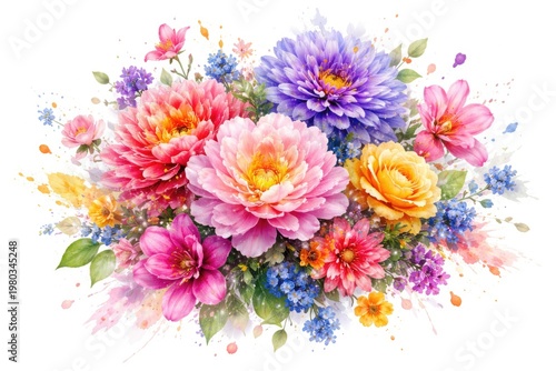 Generative AI created vibrant blooming flowers illustration on white background