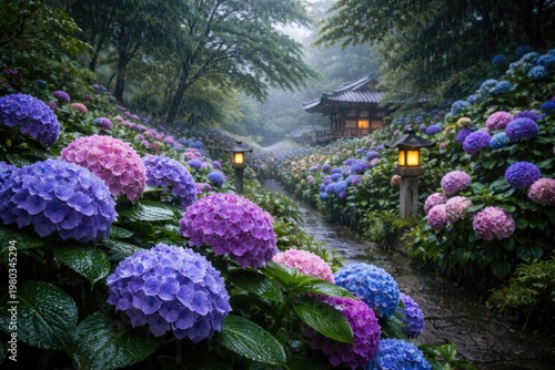 Vibrant Japanese hydrangeas blooming in lush garden during rainy season