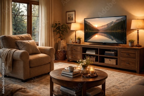 Cozy living room with a cushioned chair and flat screen TV on a wooden entertainment table