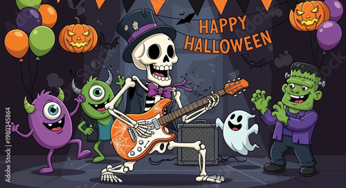 Halloween skeleton playing electric guitar.