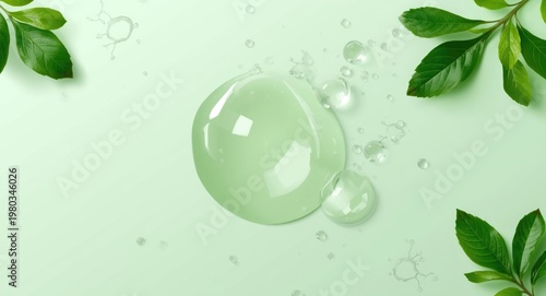 Green bubbles and leaves with cosmetic molecular ingredients displayed on a soft mint background for skincare concepts