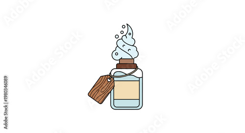 A bottle with a brown label and whipped cream on top.