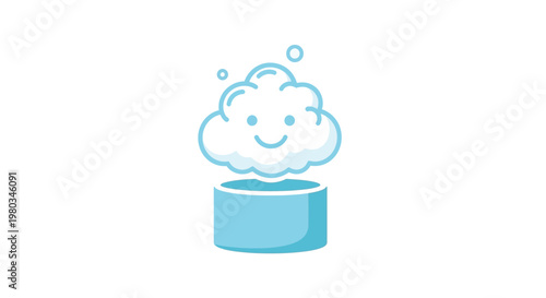 A smiling cloud floats above a cylinder.