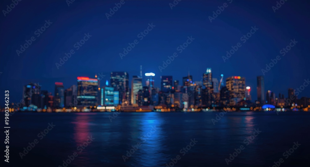 Fototapeta premium Lively city skyline under night sky with vibrant water reflections presenting artistic light composition and abstract background