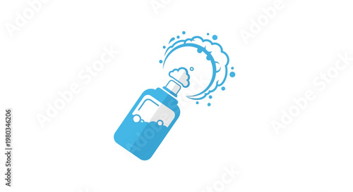 A blue bottle spraying liquid.