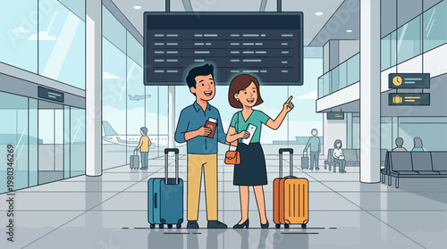 A clean flat design illustration showing a traveling couple happily waiting at an airport terminal with their luggage, anticipating their flight. This image captures the beginning of a new journey.