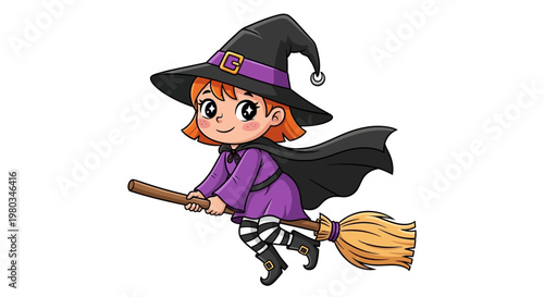 Little girl dressed as witch flying.