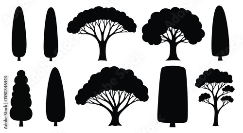 Collection of various tree silhouettes in different shapes and sizes