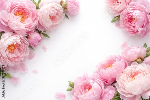 Pink peony flowers flourishing on a simple white copy space background