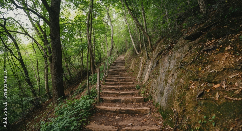 Fototapeta premium Steep hiking trail with natural terrain and lush greenery on a summer day