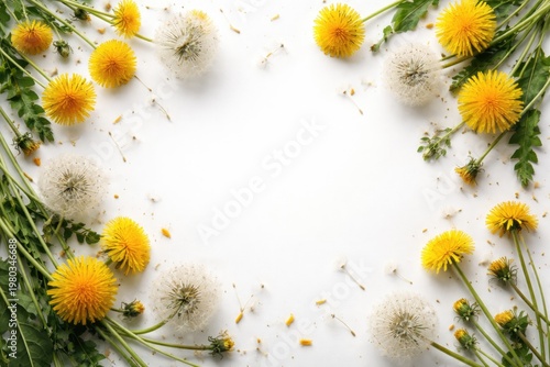 Artistic spring layout with dandelion flowers on white background and copy space