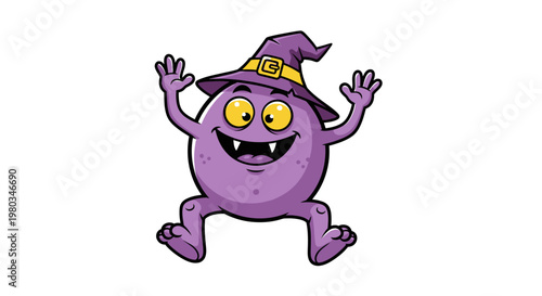 Purple cartoon monster in witch hat.
