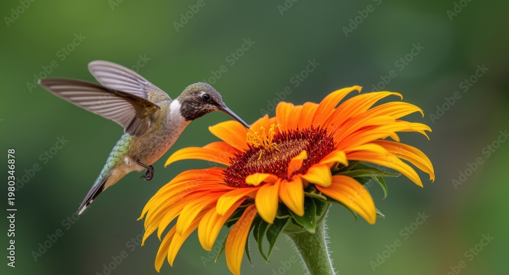 Fototapeta premium Playful hummingbird enjoying summer nectar from colorful Mexican sunflower