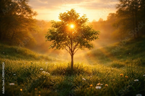 Sunrise lighting a small tree in a lush green landscape symbolizing Earth Day awareness