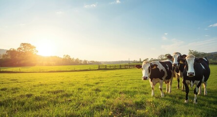 Acrylglasbilder Orange Sunny farm landscape featuring peaceful dairy cows and clear copy space  © pngking