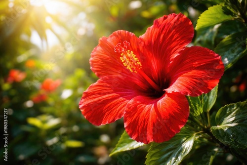Red hibiscus flower blossoming vibrantly in bright sunlight
