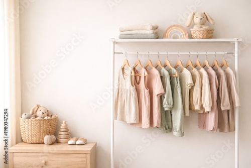 Minimalist childrens fashion with pastel clothes on hanger in nursery with copy space