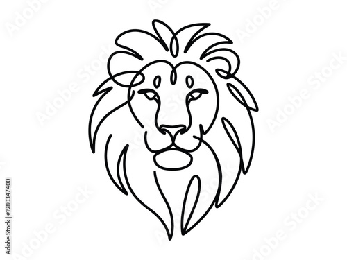 Minimalist continuous line art drawing of a regal lions face with a flowing mane