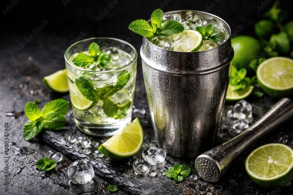 Fototapeta premium Refreshing mojito with ice cubes in a cocktail shaker on a slate board