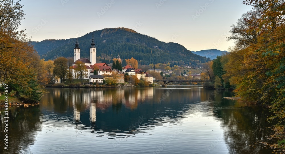 Obraz premium Tranquil river and monastery scene showcasing autumn transformation