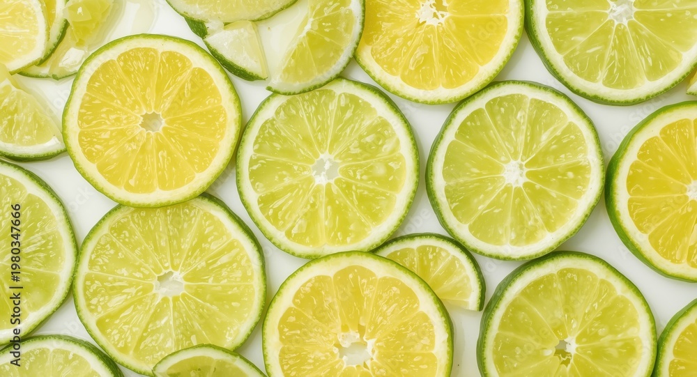 Fototapeta premium Juicy translucent lime and lemon slices arranged on a bright white backdrop