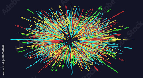 Colorful abstract explosion of multicolored lines on dark background