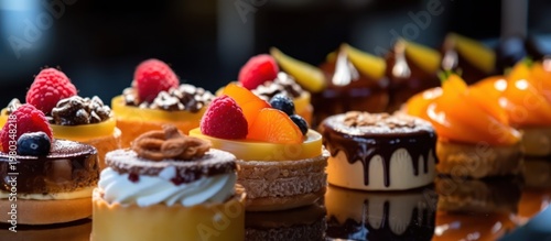 Indulge in a masterpiece of sweet artistry with this exquisite selection of gourmet mini pastries.