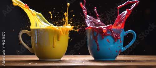 Experience a vibrant explosion of color as two mugs erupt with dramatic splashes of yellow and red liquid against a stark dark background.
