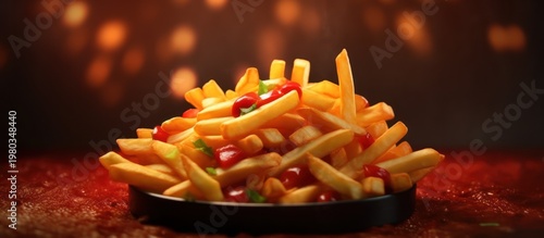 Savor the perfect crunch of golden-brown fries drizzled with zesty ketchup in a warm, cinematic setting.