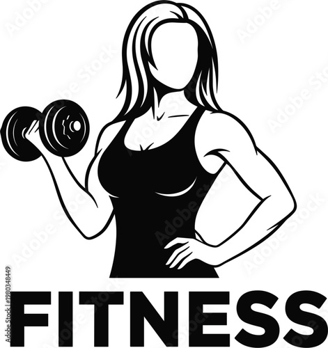 Fitness logo with athletic woman silhouette lifting dumbbell isolated on white background black and white gym vector illustration