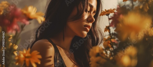 Experience a moment of pure serenity as golden sunlight dances through a blooming garden.