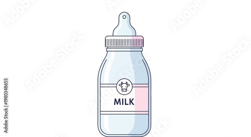 Baby bottle filled with milk and a cow symbol on label.