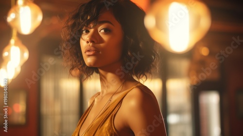 Captured in a moment of quiet reflection amidst the warm glow of a sophisticated evening.