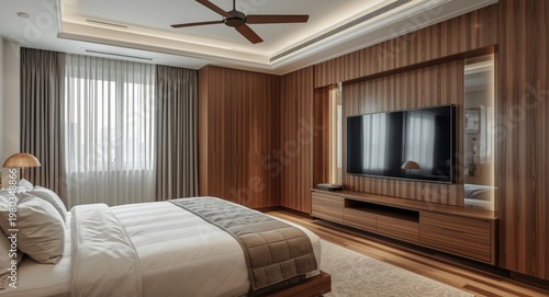Sophisticated bedroom layout including wooden media cabinet and digital display