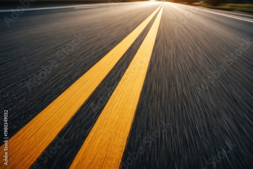 Blurred motion of double lane lines on asphalt road surface