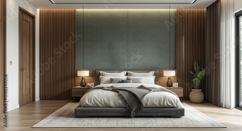 Modern styled bedroom interior with eucalyptus accent and cozy bed