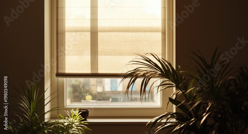 Sun filtered window space with roller blinds and indoor plant providing shade effect