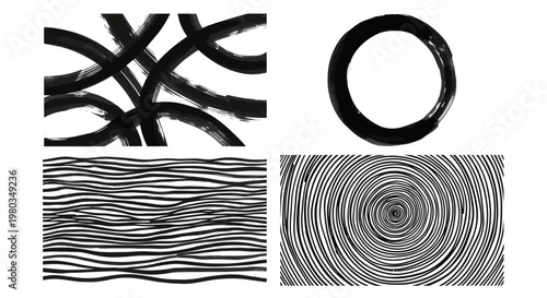 Abstract Black Ink Brush Strokes and Circles Collection.