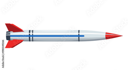 A sleek white rocket with red fins and nose cone.