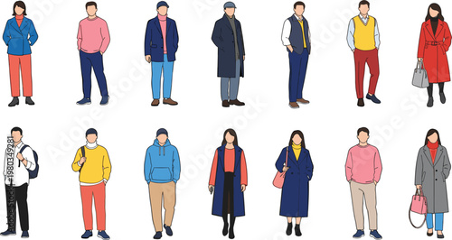 Large set of faceless men and women characters wearing trendy autumn and winter outfits including coats sweaters and jackets isolated vector illustration collection