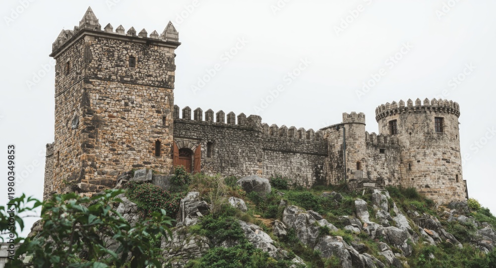 Obraz premium Historic stone stronghold with fortress walls and watchtowers