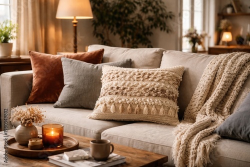Cozy living room sofa featuring a decorative pillow