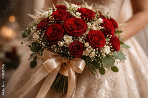 Elegant bridal bouquet featuring red roses and satin ribbons