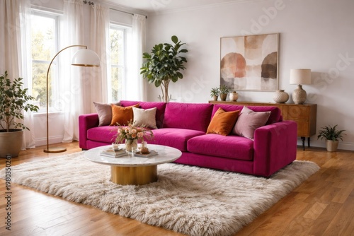 Modern living room interior featuring wooden floors and white walls with vibrant fuchsia couch and cozy fur rug