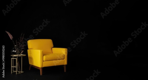 Warm inviting living space with bright yellow armchair on deep black backdrop