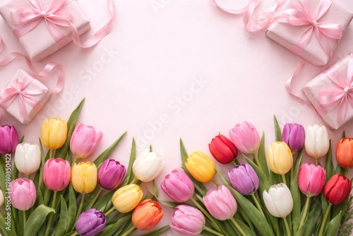 Top down view of colorful tulips and pink ribboned gift boxes on a soft pastel pink backdrop with copy space