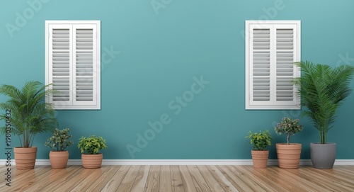 Stylish vacant interior with traditional shutters and decorative pots on turquoise background prepared for text space